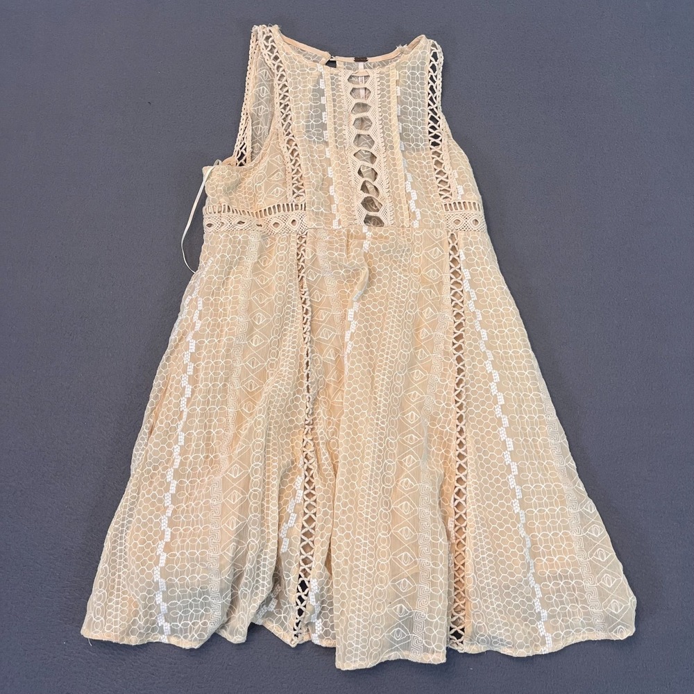 Free People Womens Sz 4 Wherever You Go Sleeveless Mini Dress Tan Lace Cut Out